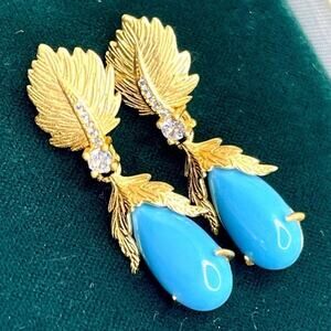 NEW Blue Aqua Earrings Turquoise Rhinestone Teardrop Drop Pierced Post Gold AU06